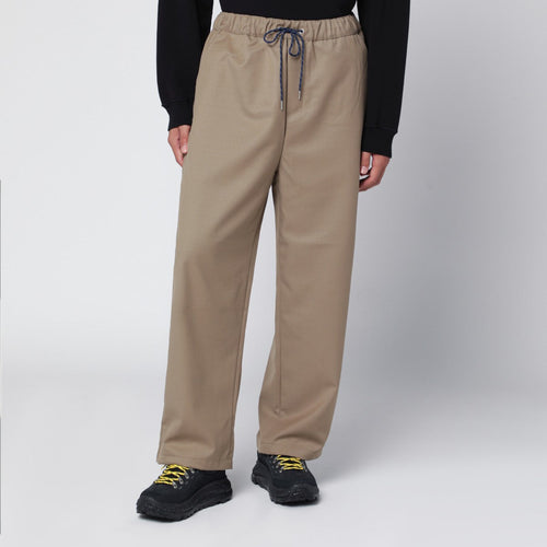 Beige Wool Blend Trousers with Elastic Waistband and Pockets 0