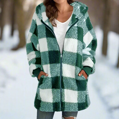 Checkered Women's Fleece Jacket with Hood and Zipper Closure for Warmth and Style 0