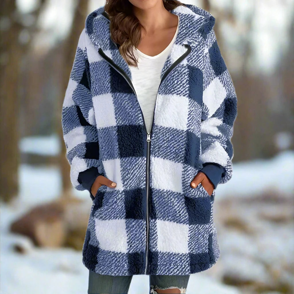 Checkered Women's Fleece Jacket with Hood and Zipper Closure for Warmth and Style 1