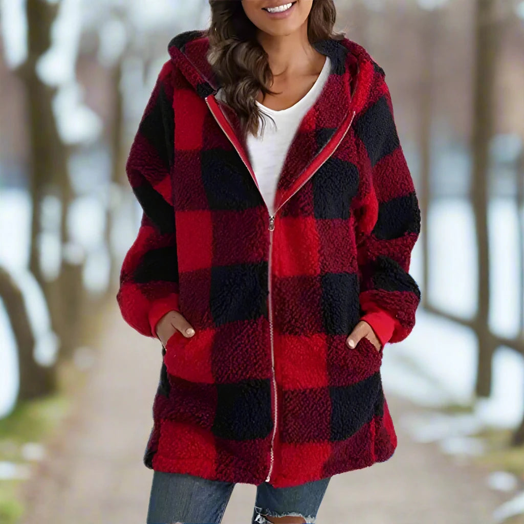 Checkered Women's Fleece Jacket with Hood and Zipper Closure for Warmth and Style 2