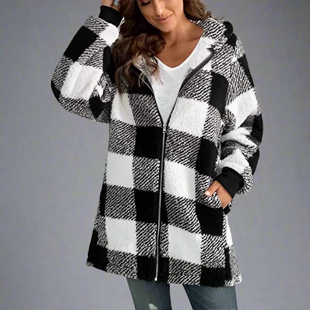 Checkered Women's Fleece Jacket with Hood and Zipper Closure for Warmth and Style 3
