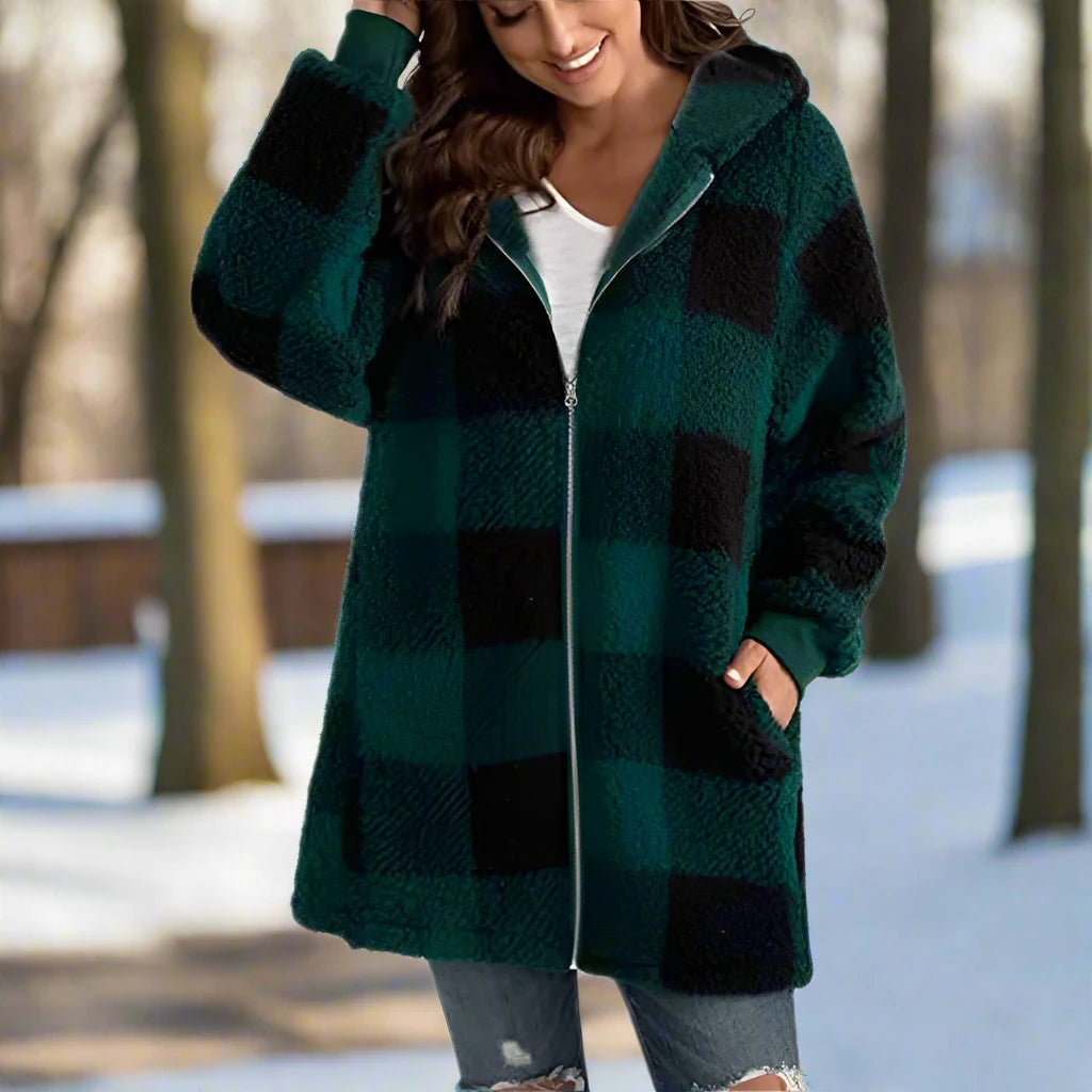 Checkered Women's Fleece Jacket with Hood and Zipper Closure for Warmth and Style 5