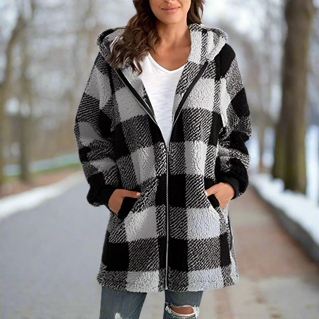 Checkered Women's Fleece Jacket with Hood and Zipper Closure for Warmth and Style 6