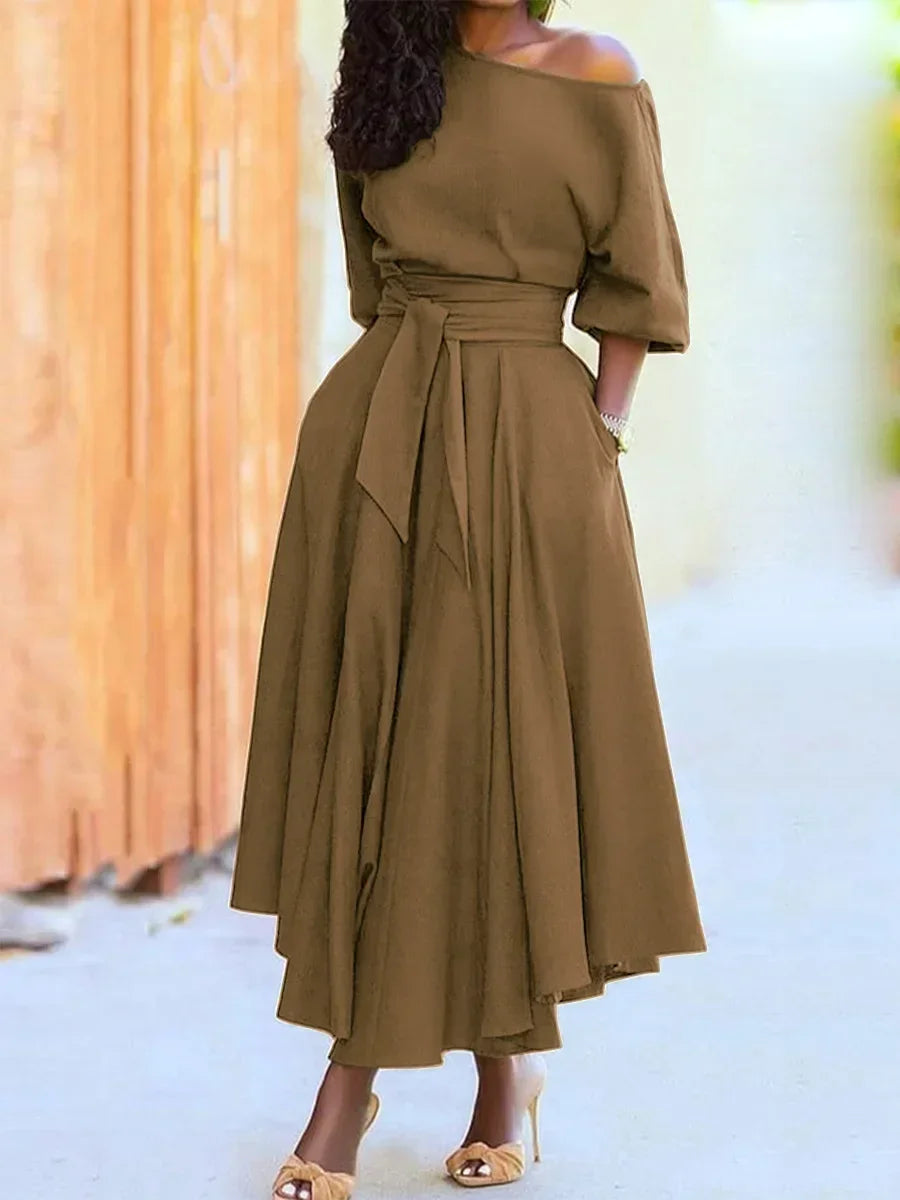 Chic Midi Dress for Women with Exposed Shoulder and Waist-Cinching Belt 0