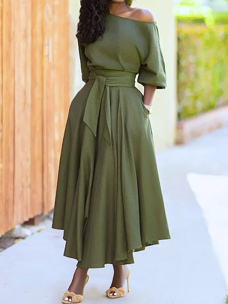 Chic Midi Dress for Women with Exposed Shoulder and Waist-Cinching Belt 1