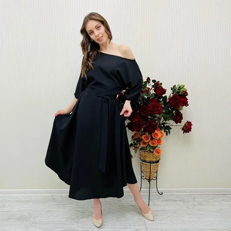 Chic Midi Dress for Women with Exposed Shoulder and Waist-Cinching Belt 3