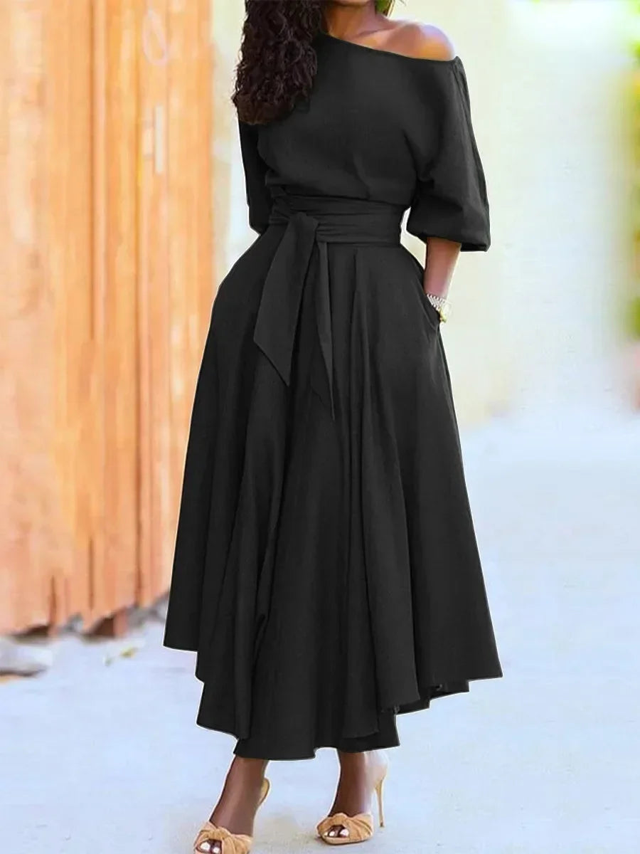 Chic Midi Dress for Women with Exposed Shoulder and Waist-Cinching Belt 5