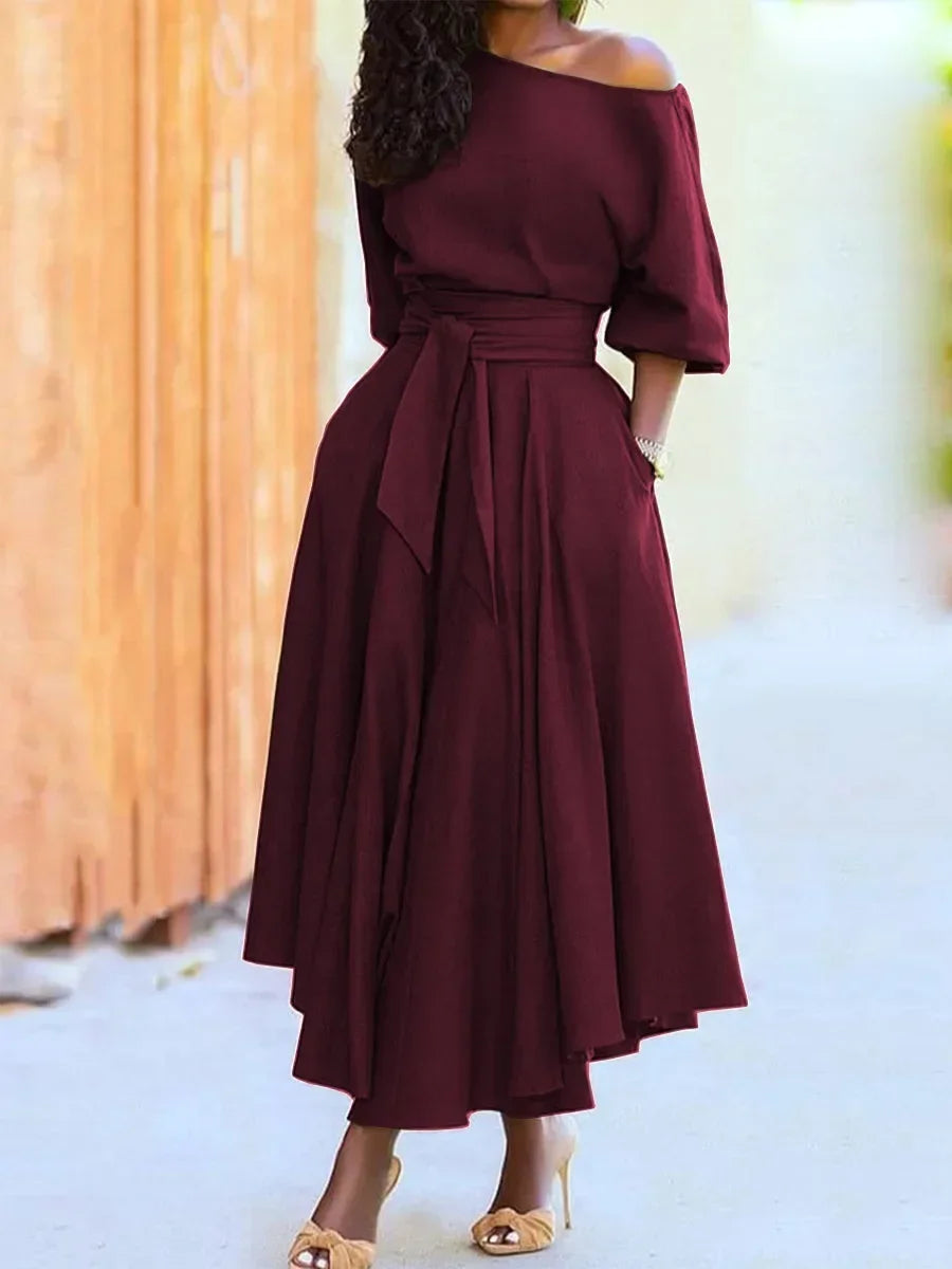 Chic Midi Dress for Women with Exposed Shoulder and Waist-Cinching Belt 6