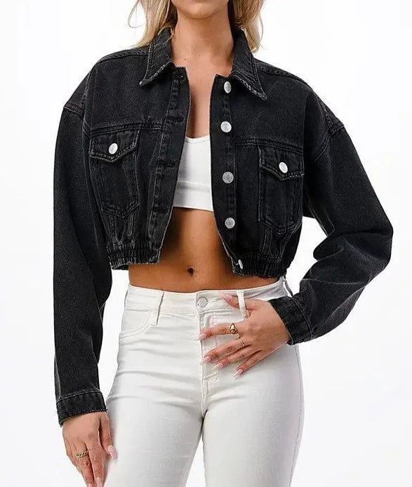 Cropped Casual Women’s Denim Jacket with Ruched Detail and Button-Down Front 0