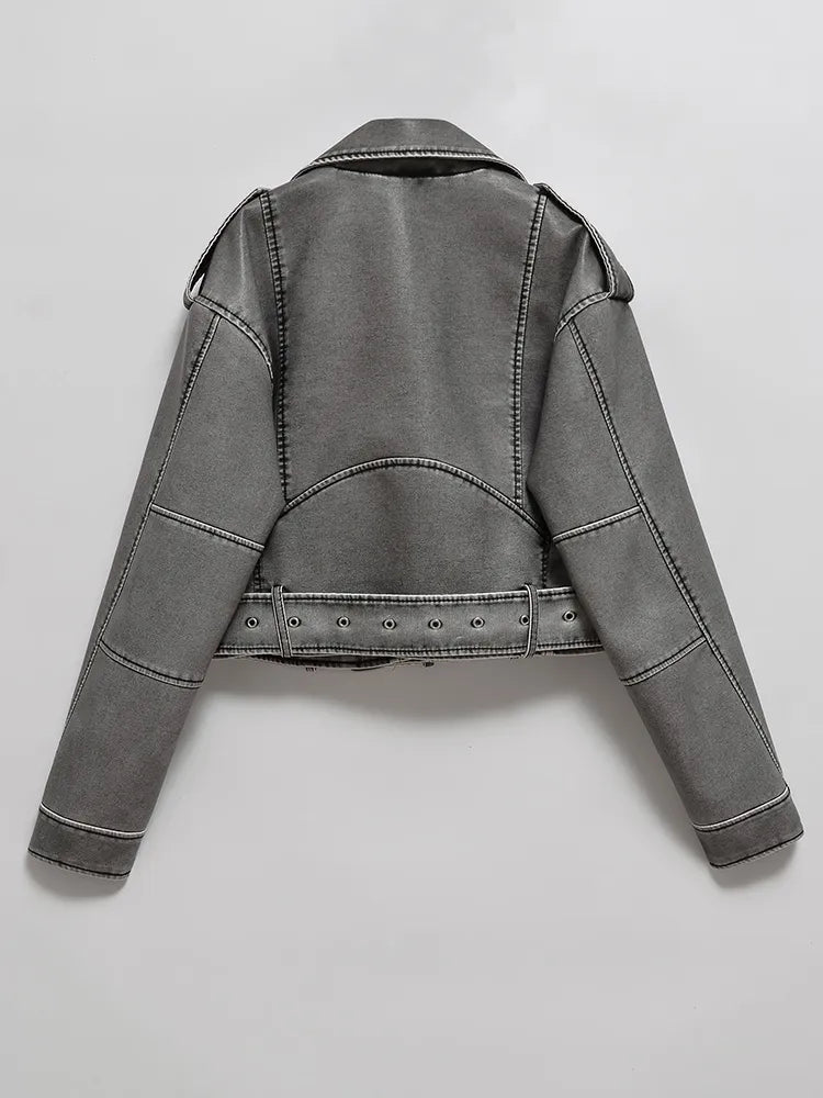 Cropped Leather Biker Jacket for Women with Asymmetrical Zipper and Waist Belt 1