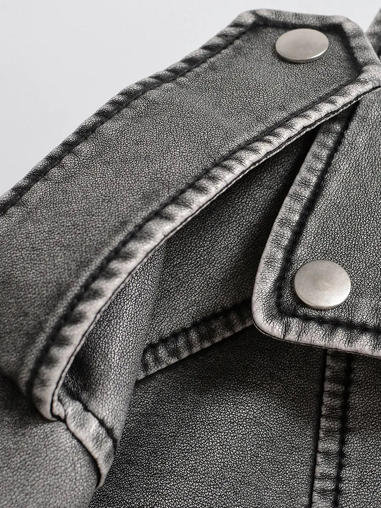 Cropped Leather Biker Jacket for Women with Asymmetrical Zipper and Waist Belt 2