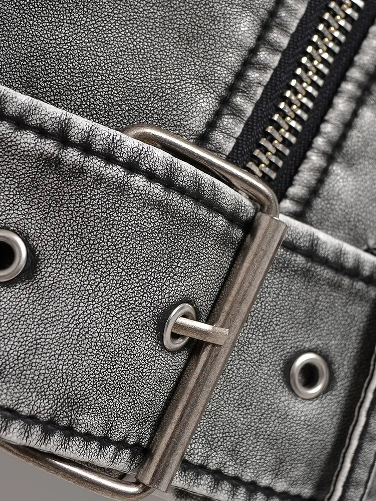 Cropped Leather Biker Jacket for Women with Asymmetrical Zipper and Waist Belt 4