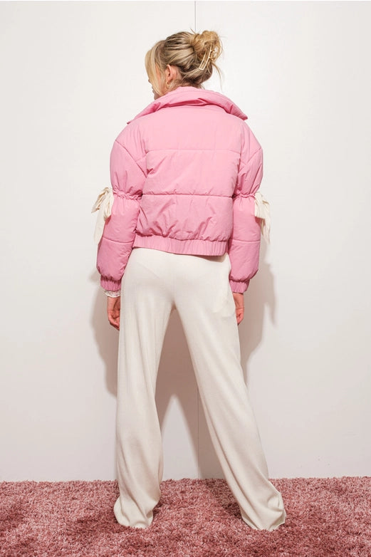 Cropped Puffer Jacket for Women with Bow Detail in Pink 4