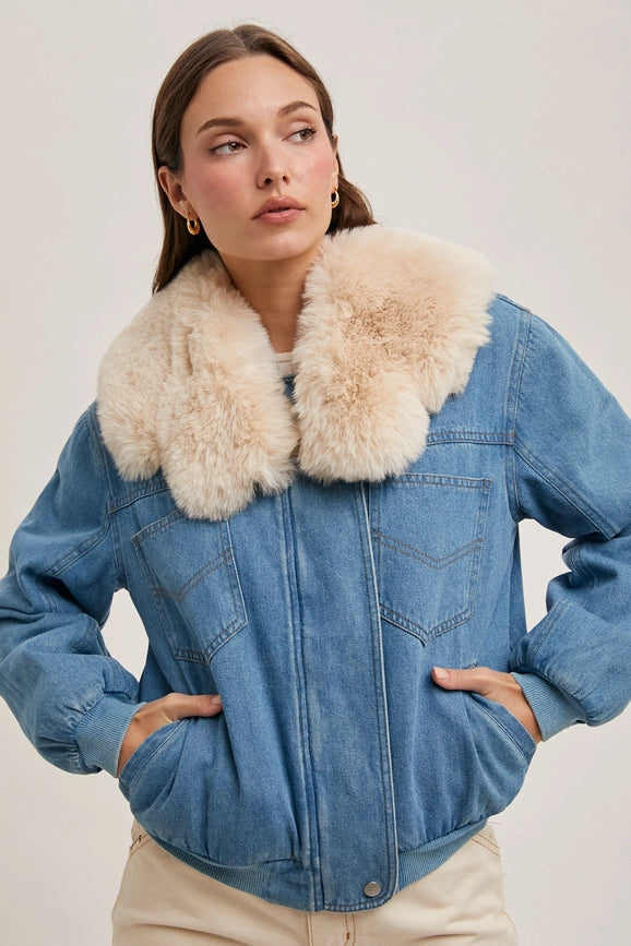 Denim Jacket for Women with Detachable Faux Fur Collar - Versatile Style in Durable Fabric 0