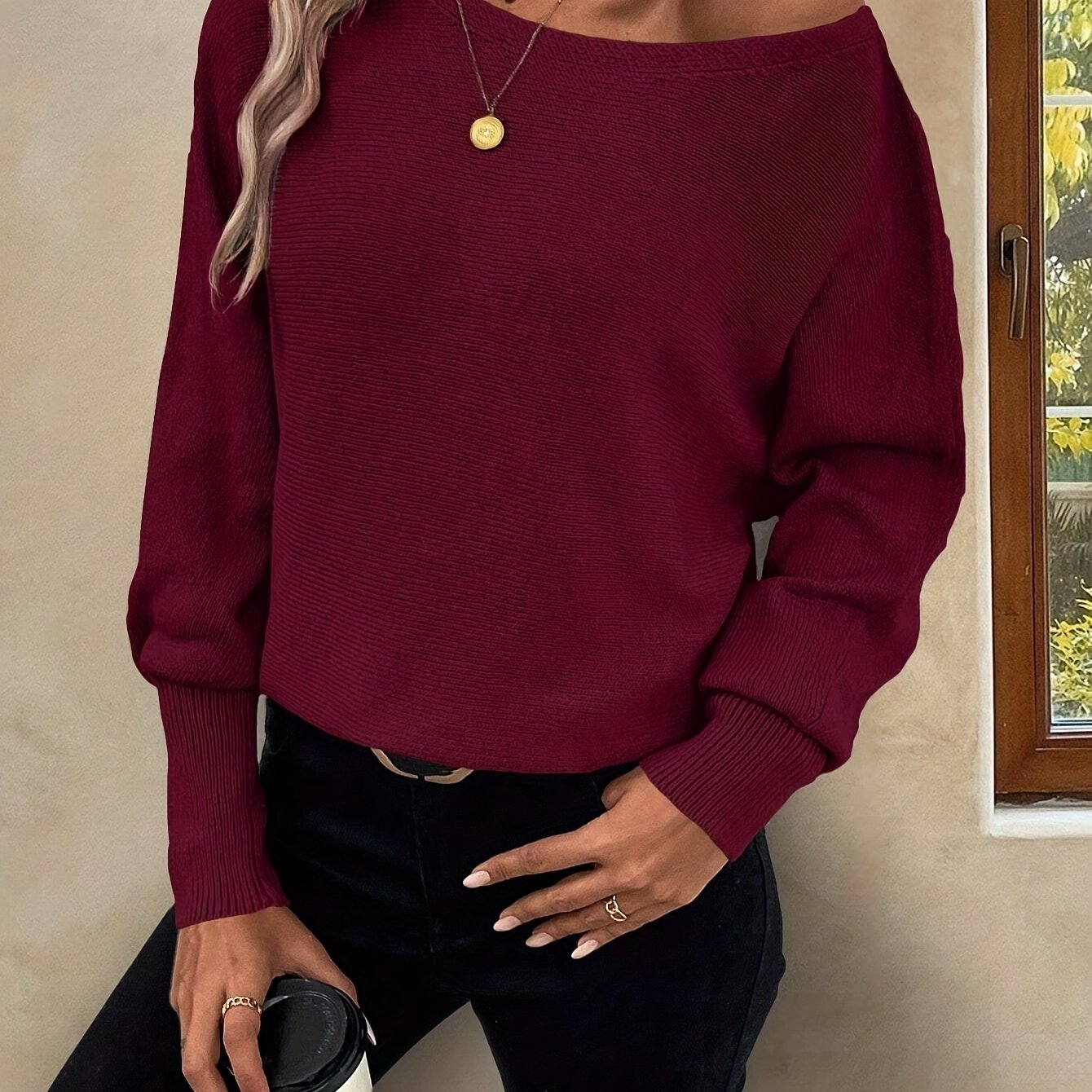 Elegant Oversized Women's Sweater with Wide Neckline and Long Sleeves 0