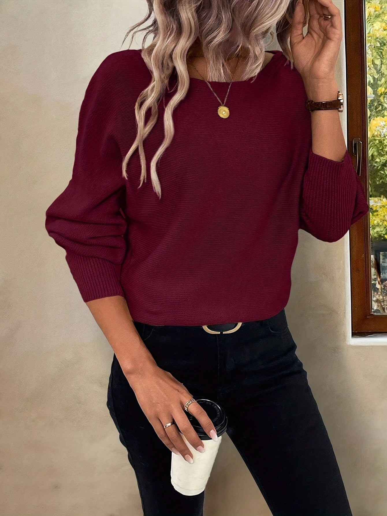 Elegant Oversized Women's Sweater with Wide Neckline and Long Sleeves 4
