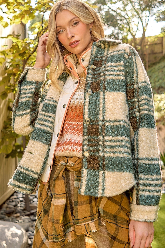 Green Plaid Flannel Shacket for Women with Hi-Lo Hem and Side Pockets 0