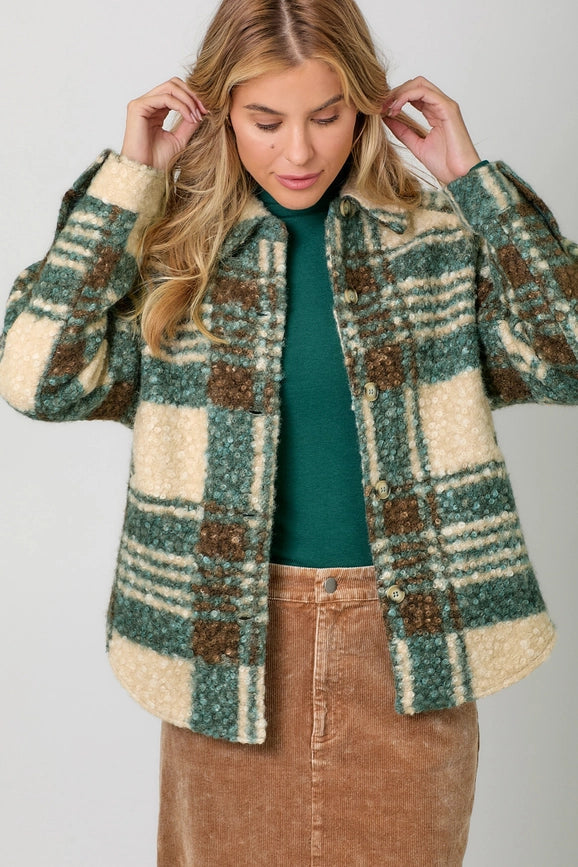 Green Plaid Flannel Shacket for Women with Hi-Lo Hem and Side Pockets 1