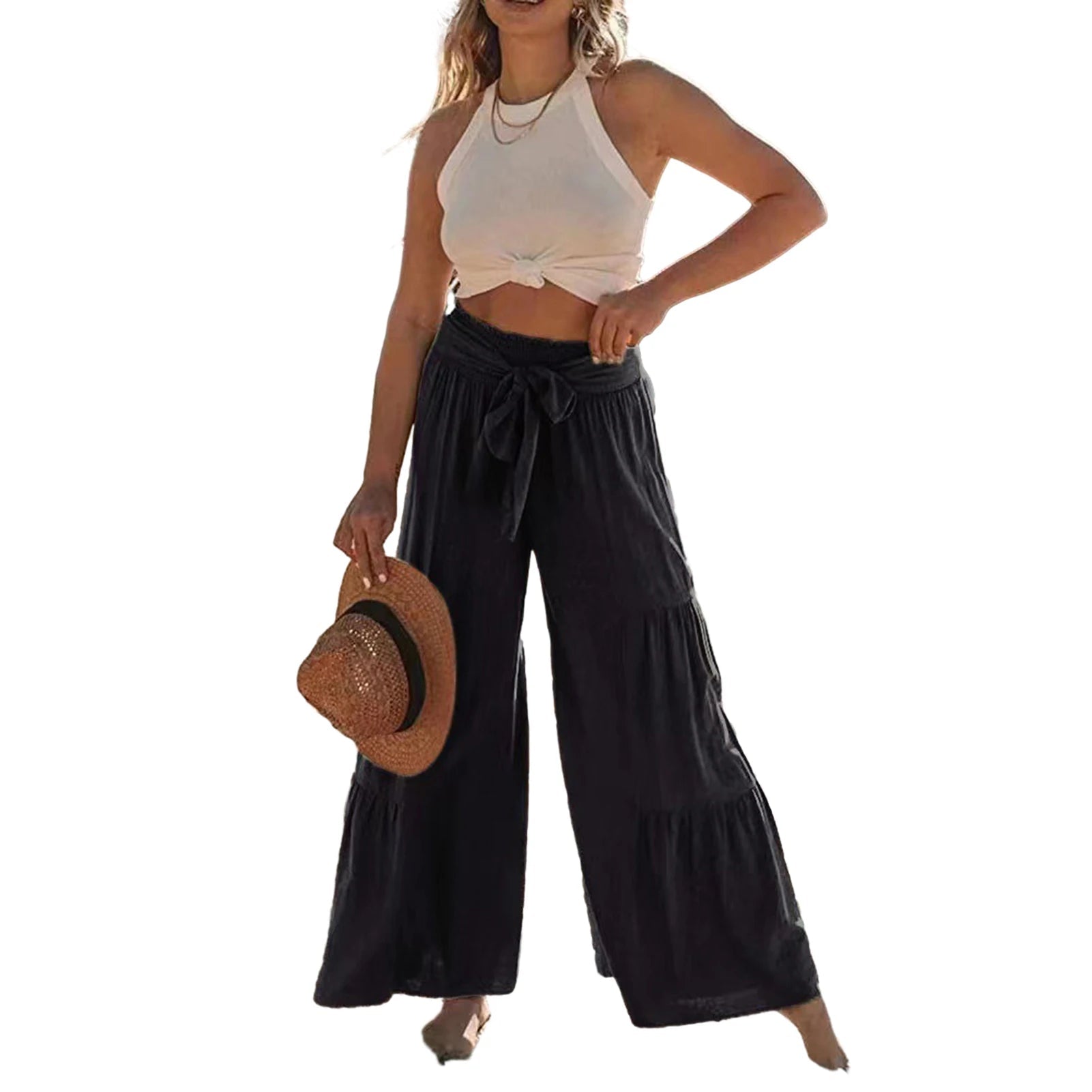 High-Waisted Wide Leg Palazzo Pants for Women with Adjustable Waist Tie 7