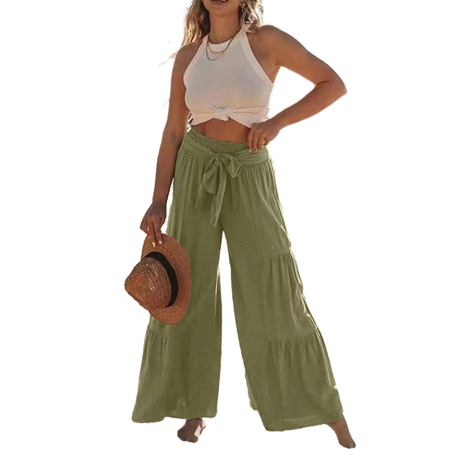 High-Waisted Wide Leg Palazzo Pants for Women with Adjustable Waist Tie 8