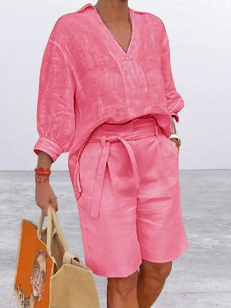 Linen Summer Outfit for Women | Comfortable Shirt and Shorts Set 1