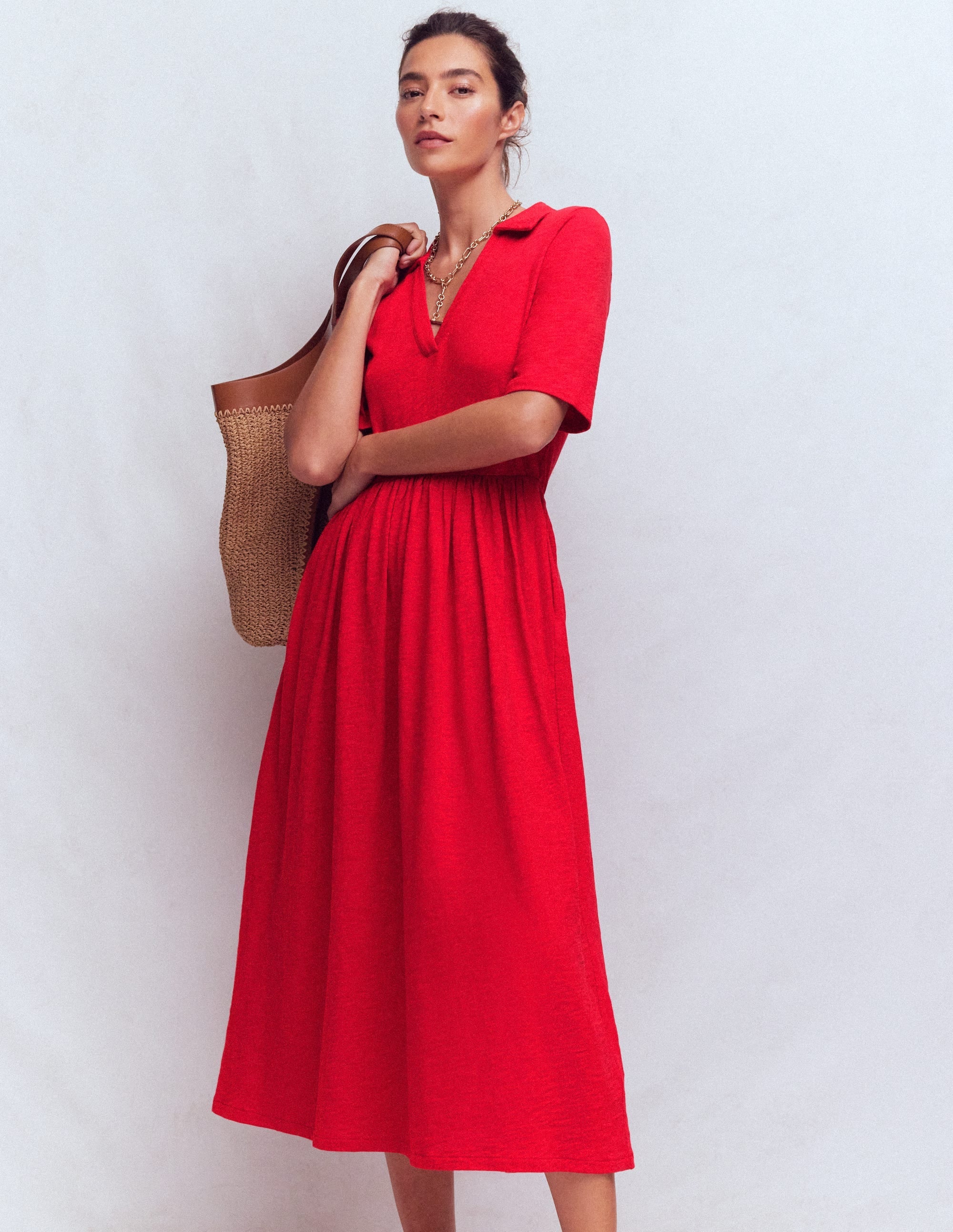 Merida Red Midi Dress for Women with Elegant Collared V-Neck - Versatile Jersey Cocktail Dress 0