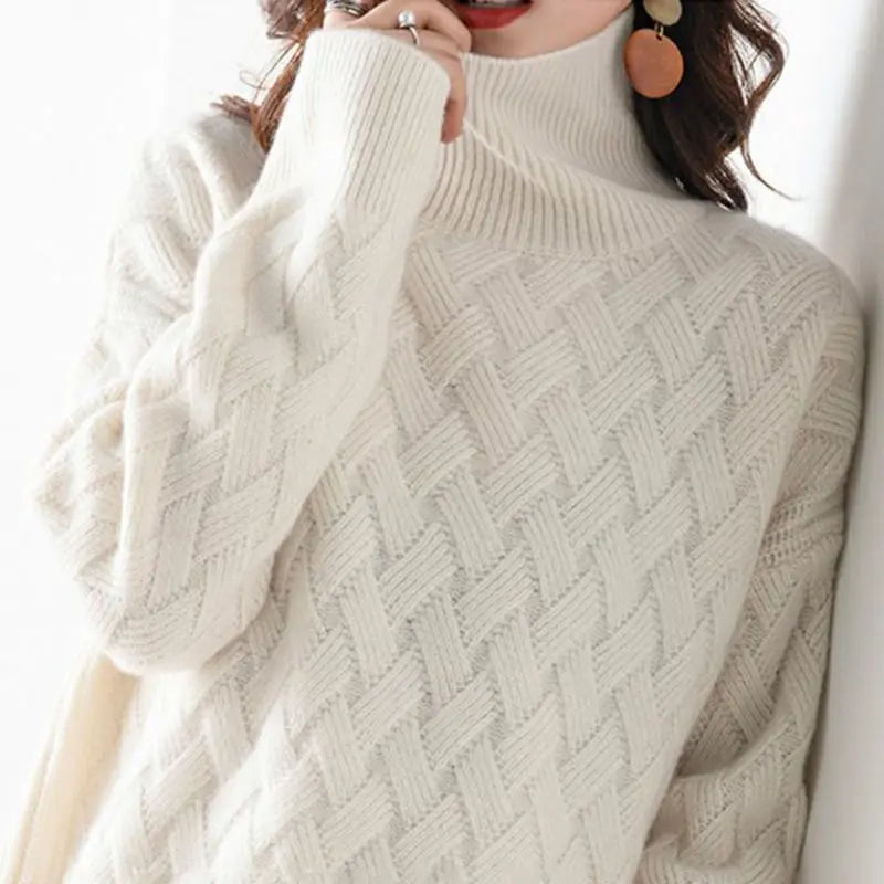 Soft Cashmere Women's Oversized Sweater with High Collar and Cable Pattern 0