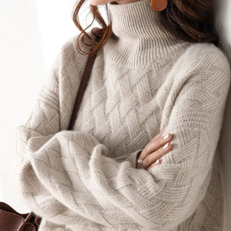 Soft Cashmere Women's Oversized Sweater with High Collar and Cable Pattern 1