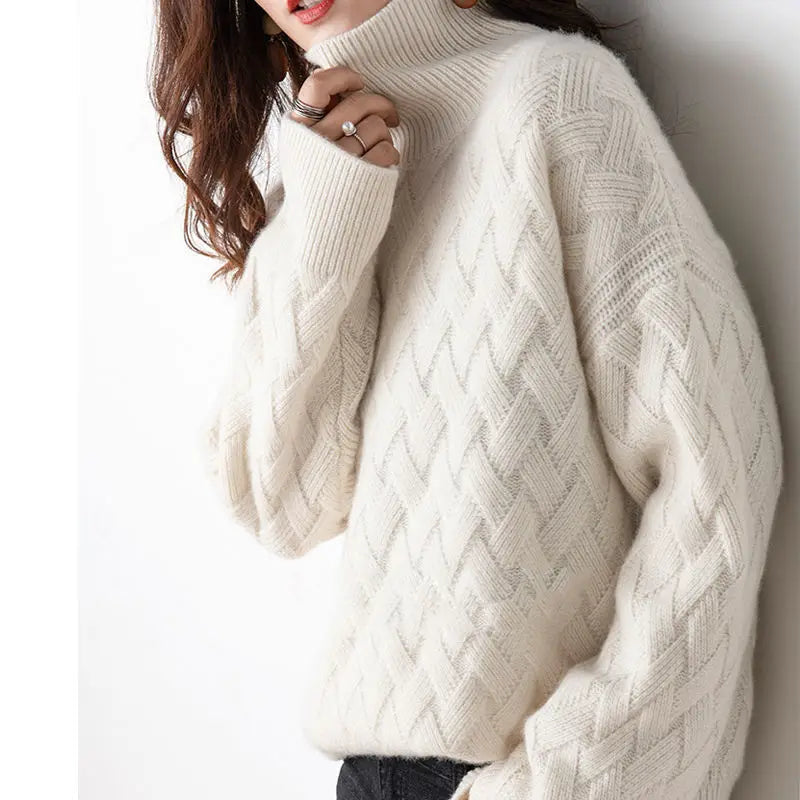 Soft Cashmere Women's Oversized Sweater with High Collar and Cable Pattern 2