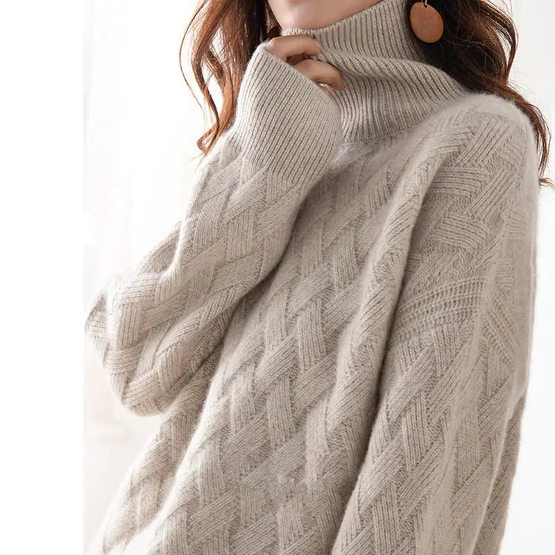 Soft Cashmere Women's Oversized Sweater with High Collar and Cable Pattern 3