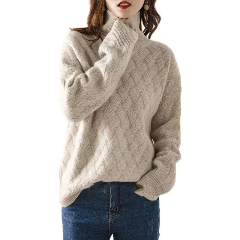 Soft Cashmere Women's Oversized Sweater with High Collar and Cable Pattern 4