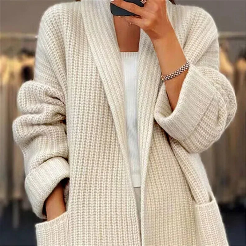 Women's Long Cardigan Sweater with Functional Pockets for Cold Weather 1